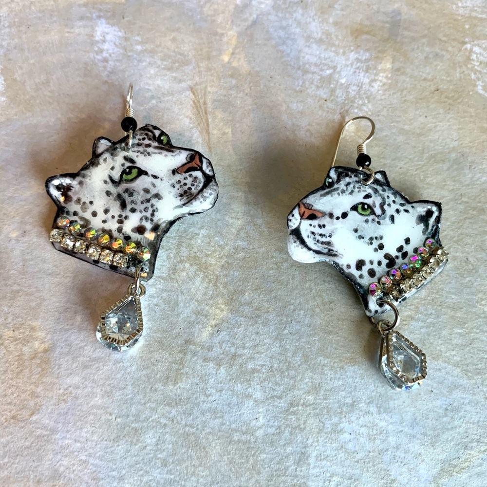 Handpainted snow leopard face earrings with rhinestones sterling wires big cats - Picture 5 of 7